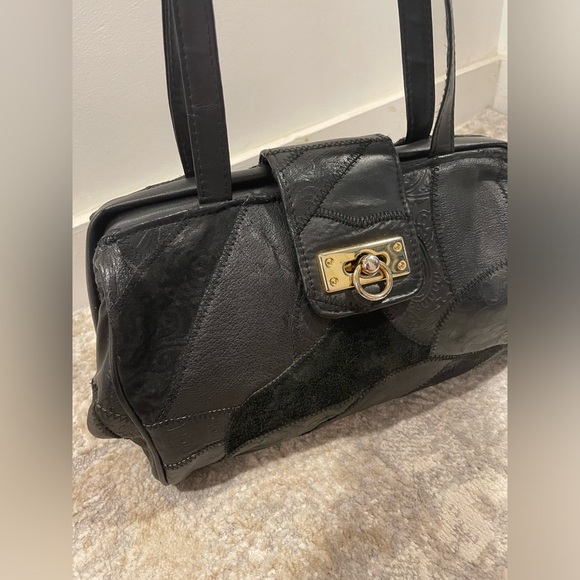 Vintage Black Patchwork Shoulder Handbag Purse Bag Gladstone Doctor Bag Opening - Picture 2 of 14